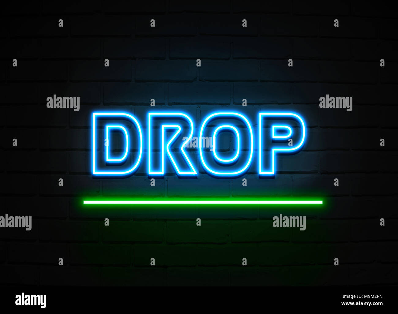 Drop neon sign Glowing Neon Sign on brickwall wall 3D rendered