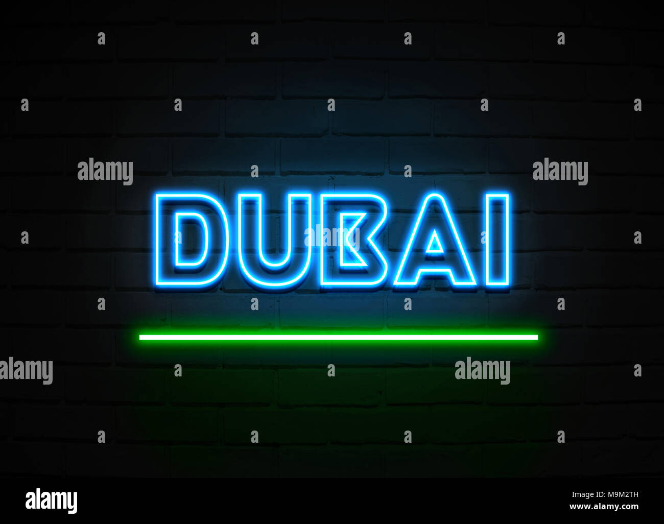 Dubai neon sign Glowing Neon Sign on brickwall wall 3D rendered