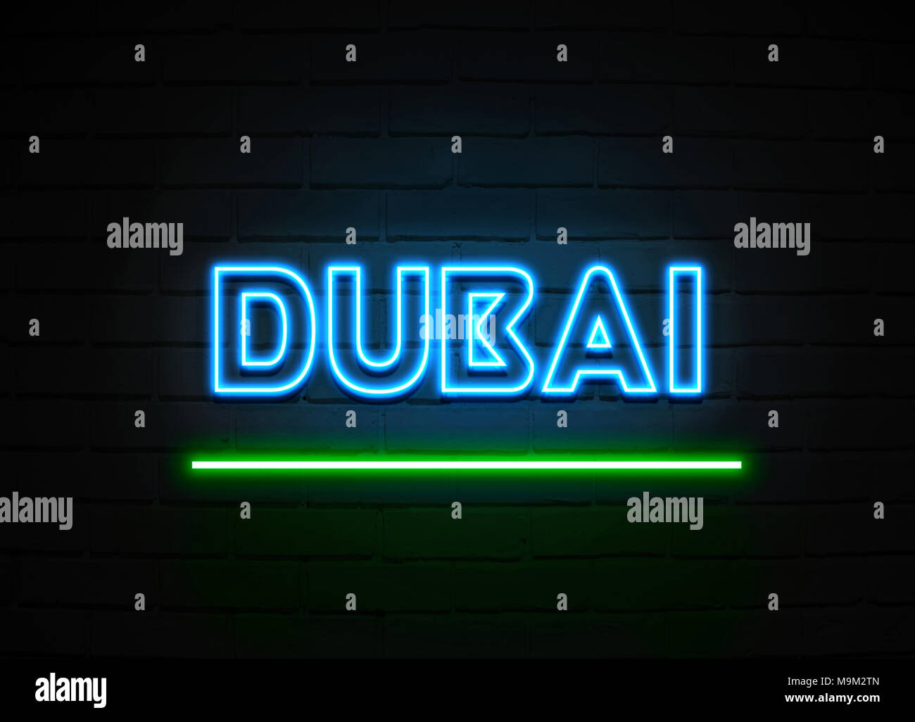 Dubai neon sign Glowing Neon Sign on brickwall wall 3D rendered