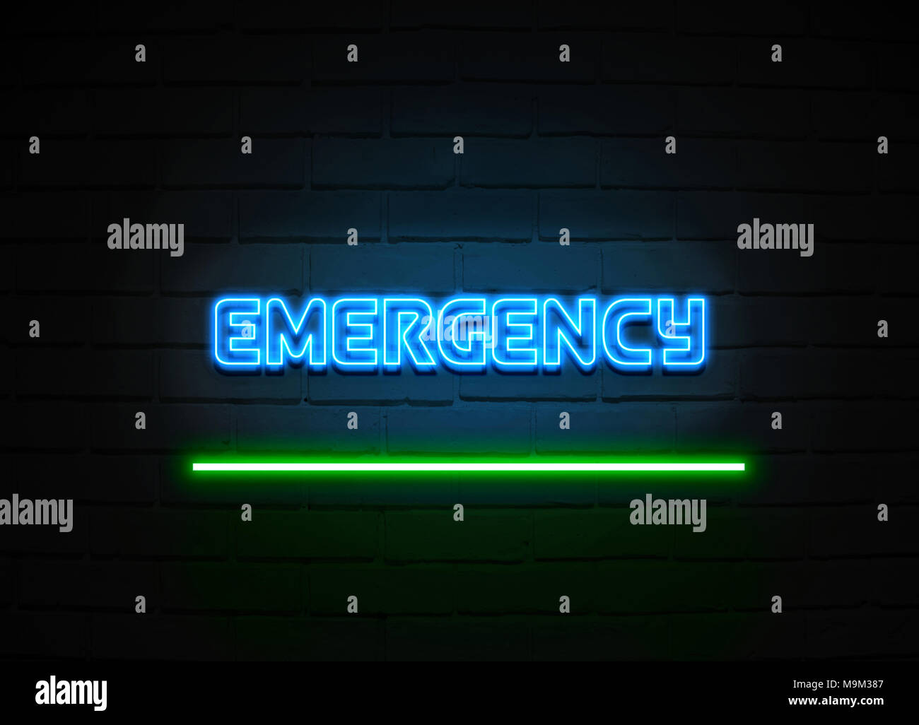 Emergency neon sign - Glowing Neon Sign on brickwall wall - 3D rendered royalty free stock illustration. Stock Photo