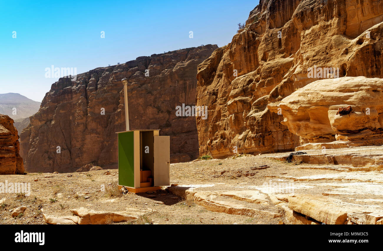 Mobile toilet facilities set up for tourists on the way to the big monument Ad Deir in Petra, Wadi Musa, Jordan, middle east Stock Photo