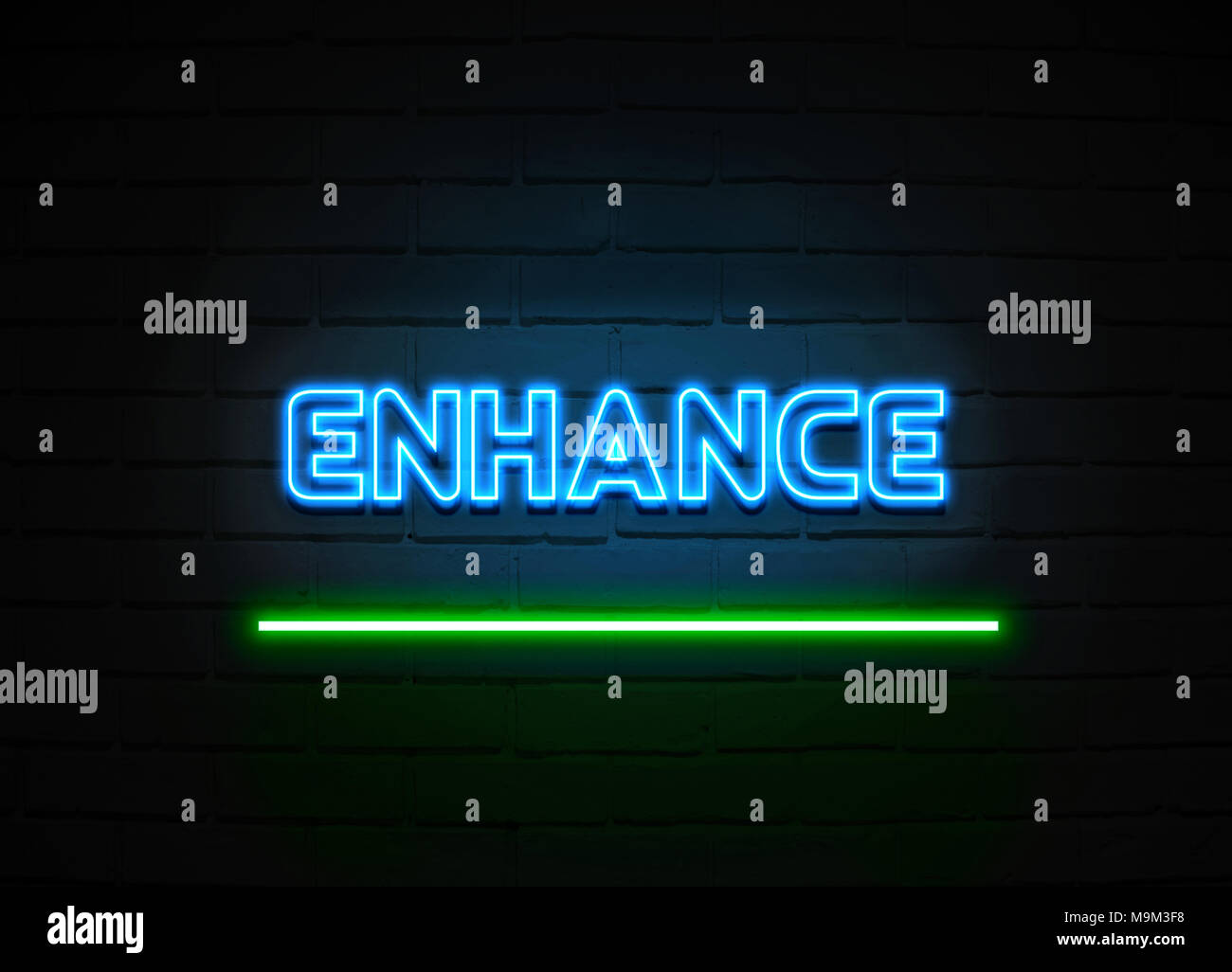Enhance neon sign - Glowing Neon Sign on brickwall wall - 3D rendered royalty free stock illustration. Stock Photo
