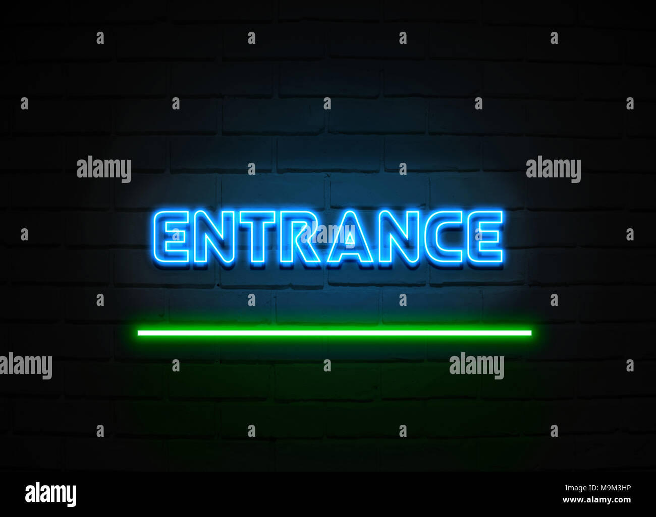 Entrance neon sign - Glowing Neon Sign on brickwall wall - 3D rendered