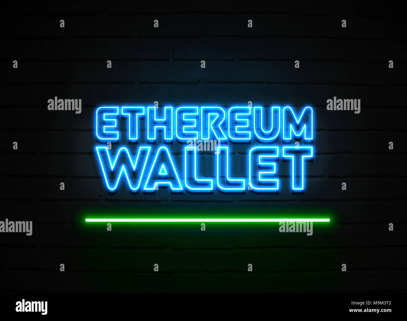 Ethereum Wallet neon sign Glowing Neon Sign on brickwall wall 3D