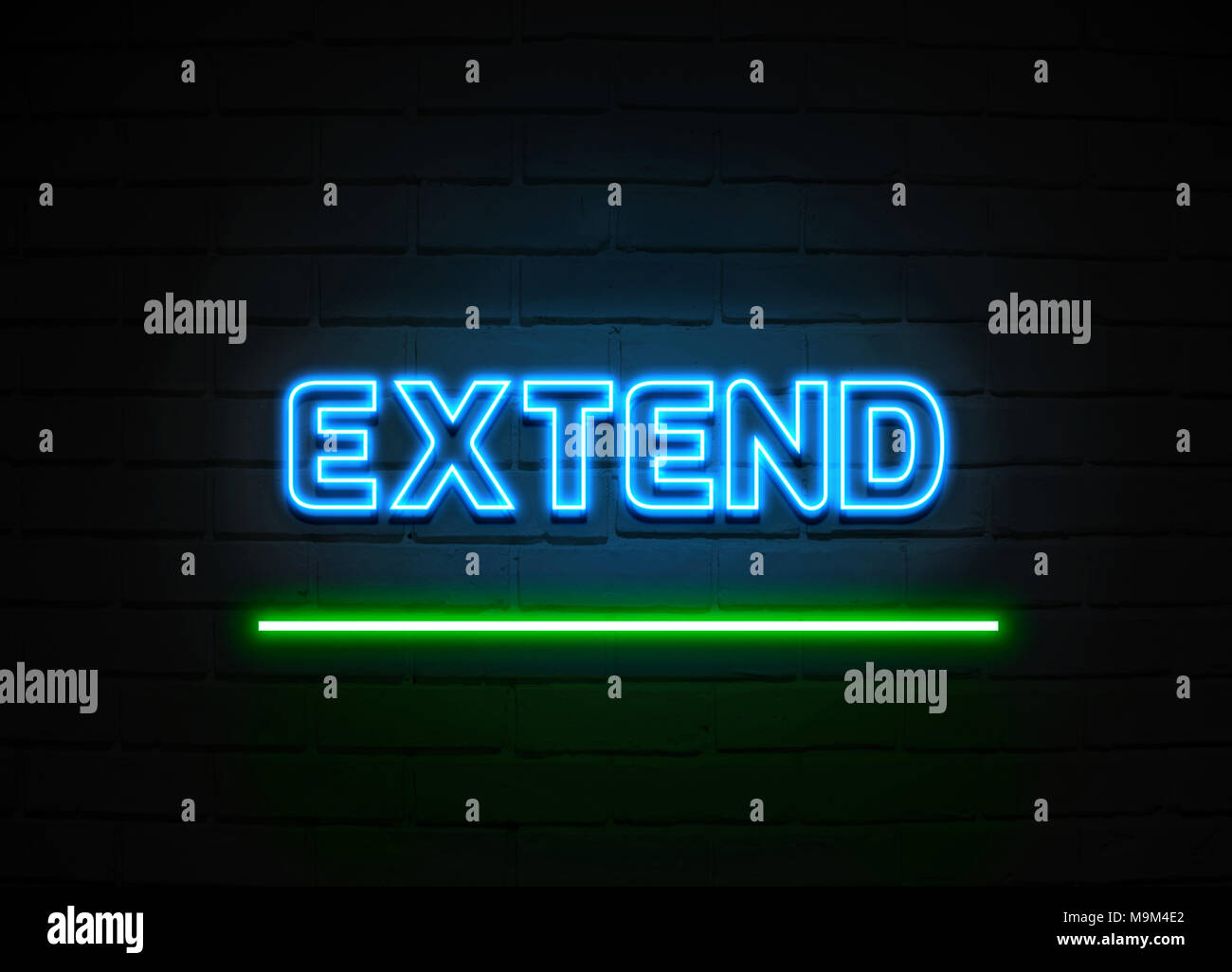 Extend neon sign - Glowing Neon Sign on brickwall wall - 3D rendered royalty free stock illustration. Stock Photo
