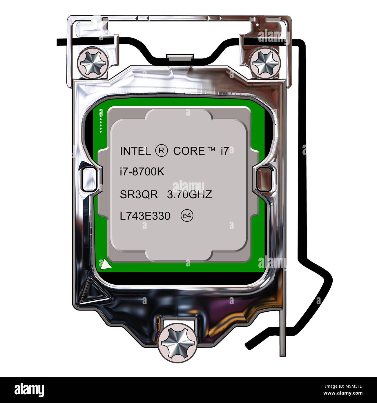 iThe Intel i7-8700K Coffee Lake CPU inside a LGA-1151 Socket artistic rendering, An illustration for computer science. Stock Photo