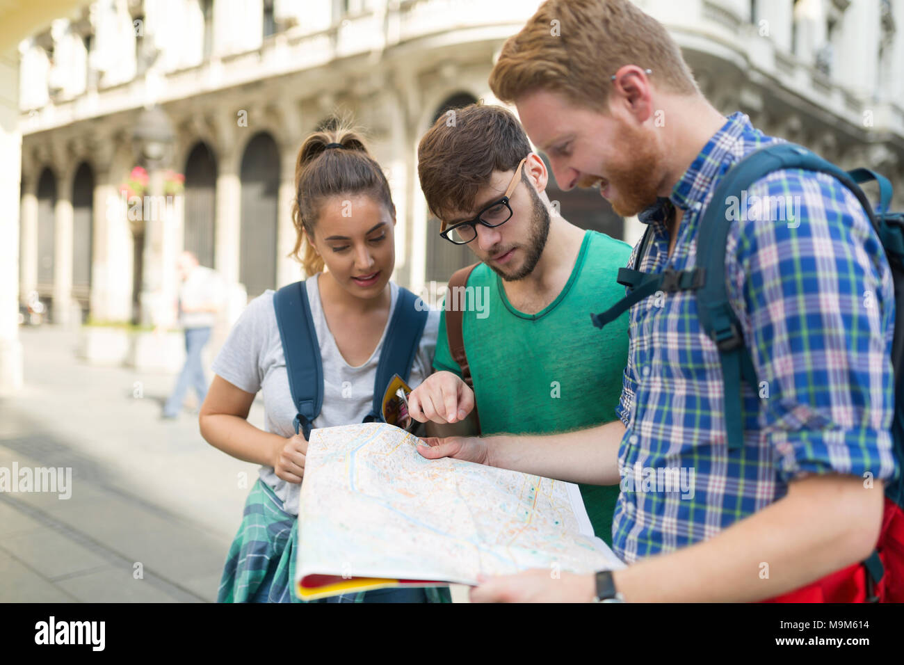 Happy group of students on adventure Stock Photo