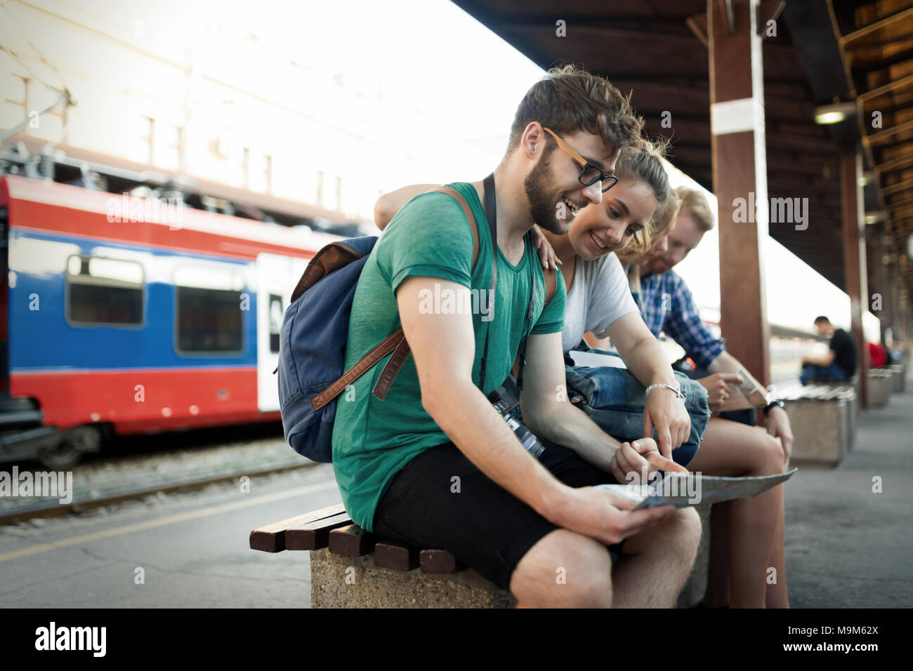Young group of travelling tourists Stock Photo