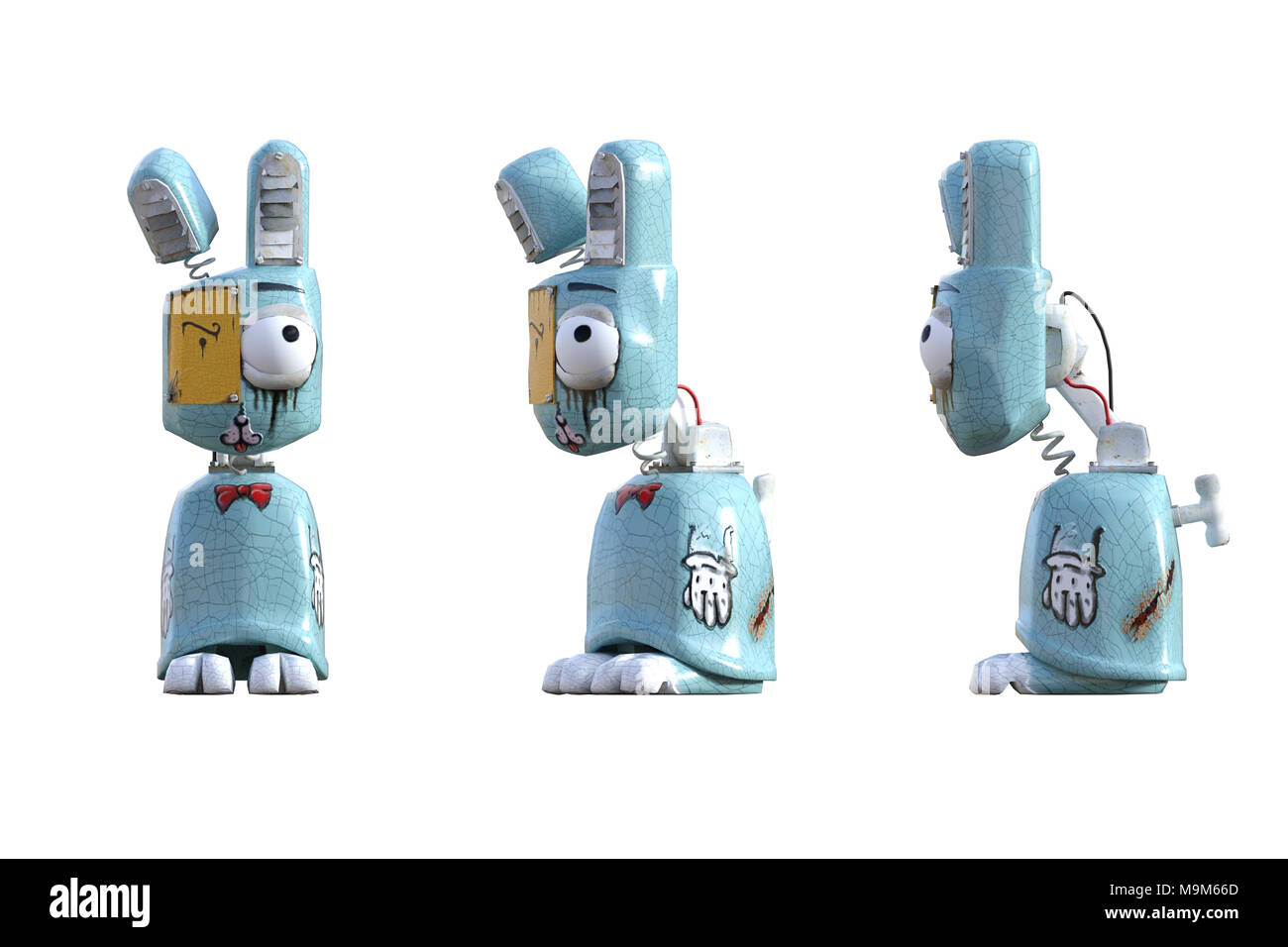 Crazy robot rabbit / bunny isolated on white, 3d render Stock Photo