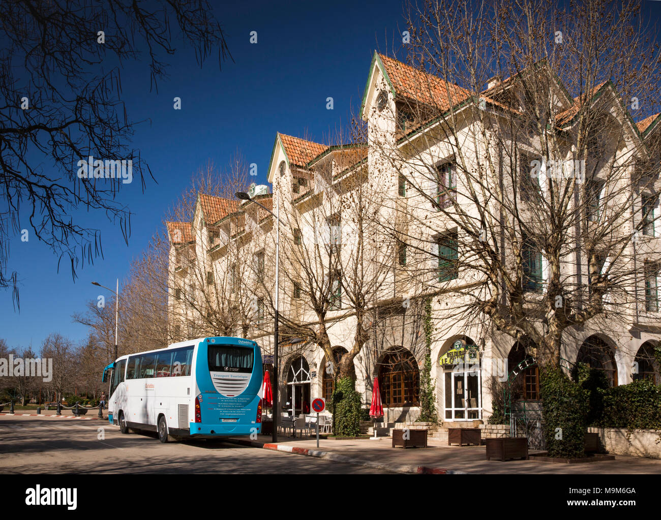 Mc278Morocco, Ifrane, Middle Atlas resort, tourist bus outside Hotel Chamonix Stock Photo