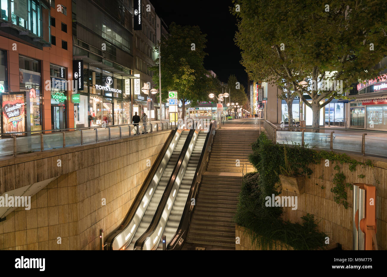 STUTTGART, GERMANY - SEPTEMBER 12 2017; night street and building scene ...