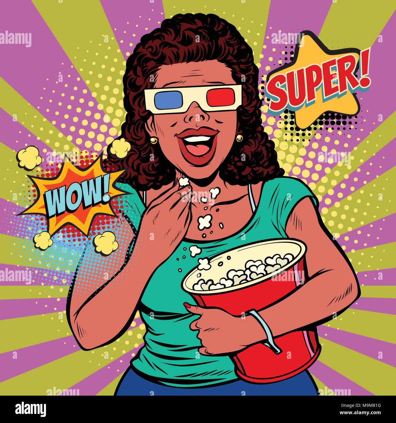 woman in 3D glasses watching a movie, smiling and eating popcorn Stock Vector