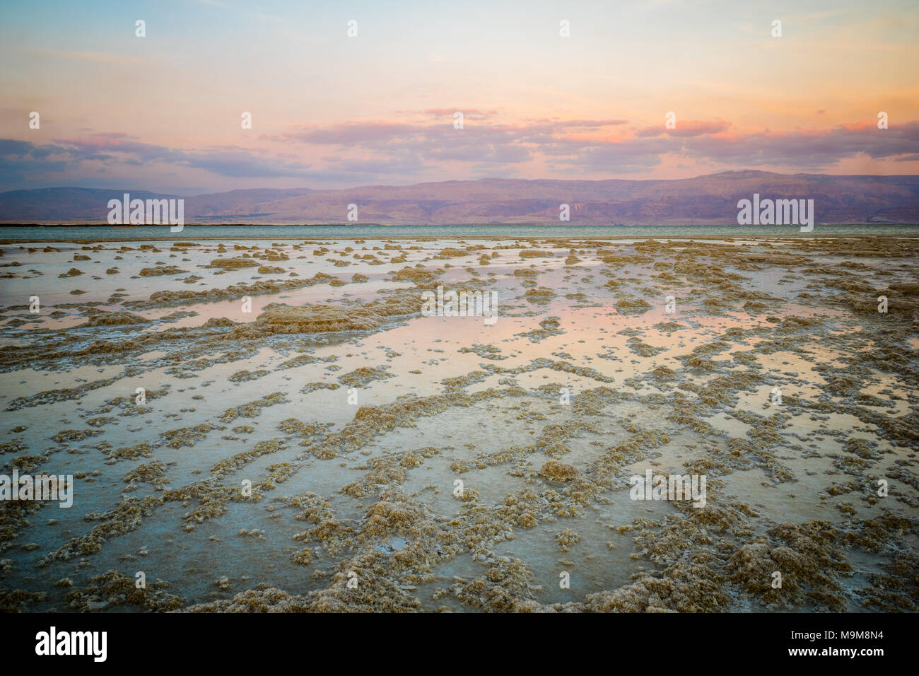 Sunset view of salt formations in the Dead Sea, between Israel and Jordan Stock Photo