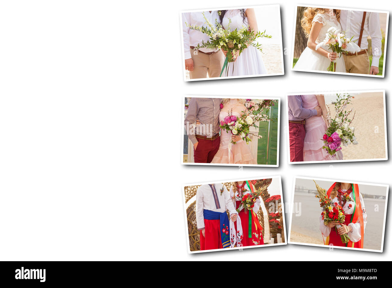 Collage on white background a wedding bouquet is in the hands of ...