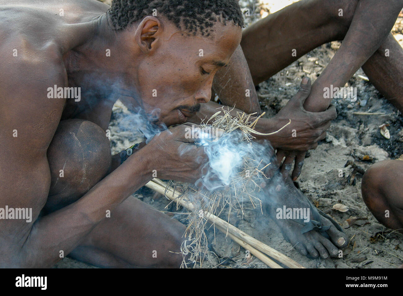 San tribe bushmen, also known as the First Tribe of Africa, making fire the traditional way in the surrounding bushland in Namibia. Stock Photo