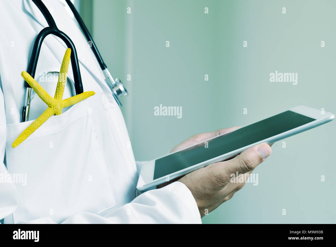 closeup of a young caucasian doctor man using a tablet with a colorful yellow starfish and a stethoscope in the pocket of his white coat, depicting th Stock Photo