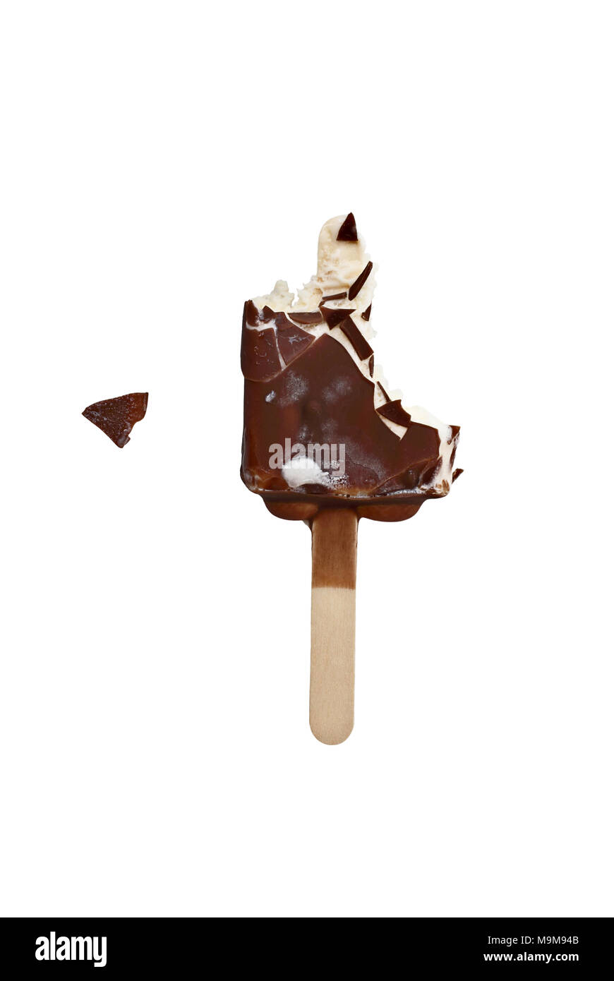 Bitten chocolate covered vanilla ice cream bar on a wooden stick