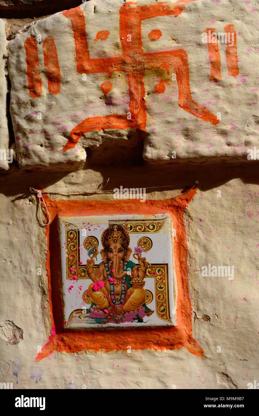 Temple to Ganesh Elephant head god on an old wall Jaisalmer Rajashan India Stock Photo