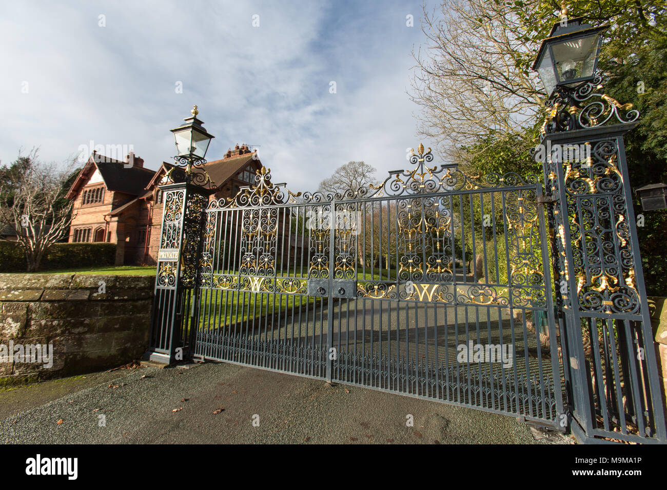Village of Aldford, England. Picturesque view of the Aldford gated entrance to the Duke of Westminster’s Eaton Estate. Stock Photo