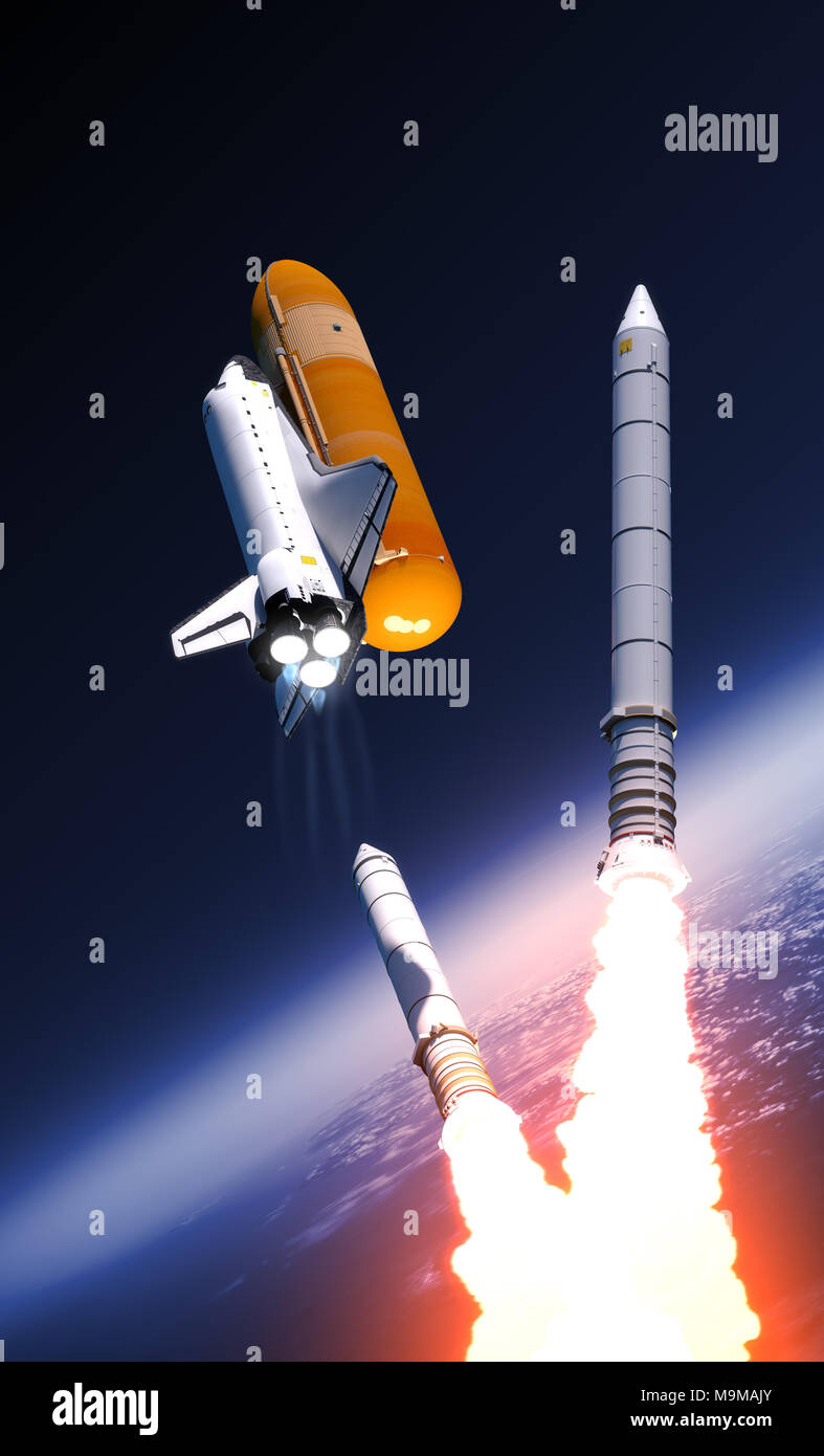 Space Shuttle Solid Rocket Boosters Separation Over Clouds. 3D Illustration. Stock Photo