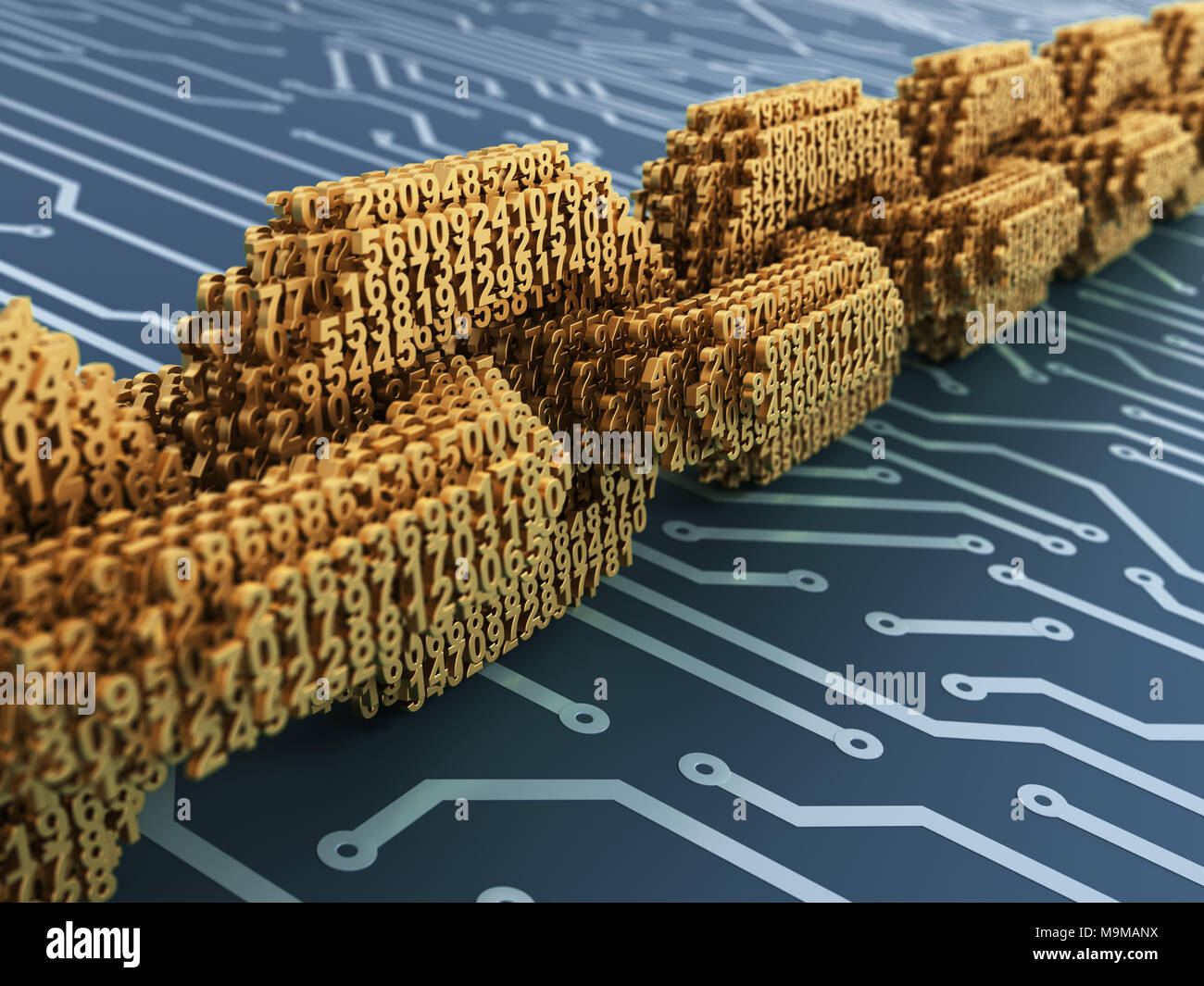 Concept Of Blockchain. Gold Digital Chain Of Interconnected 3D Numbers On Blue Printed Circuit Board. 3D Illustration. Stock Photo