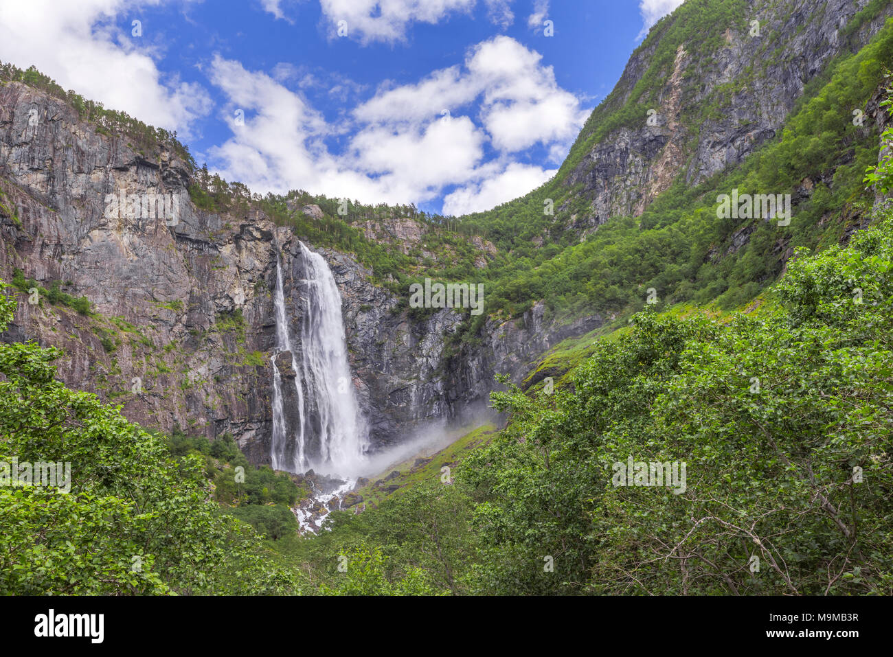 Waterfall Feigumfossen at the Lustrafjorden, Norway, popular site of the Sognefjorden Stock Photo