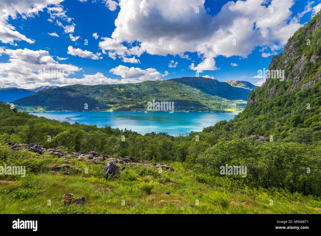 Lustrafjorden seen from above and mountainscape, Norway, cliffy mountains, view at Feigumfossen waterfall Stock Photo