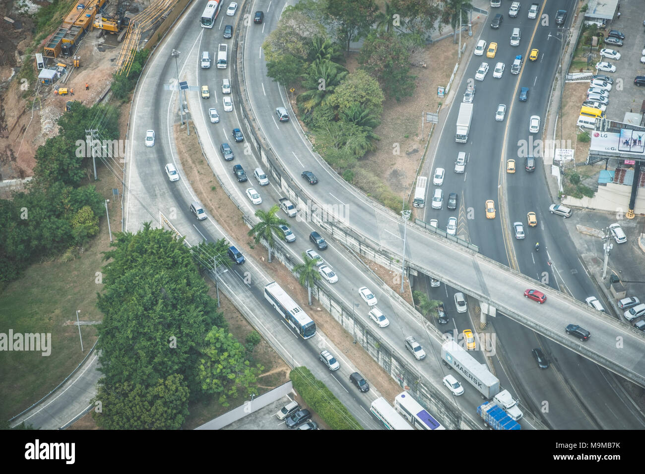 cars on busy road , highway traffic in the city aerial Stock Photo