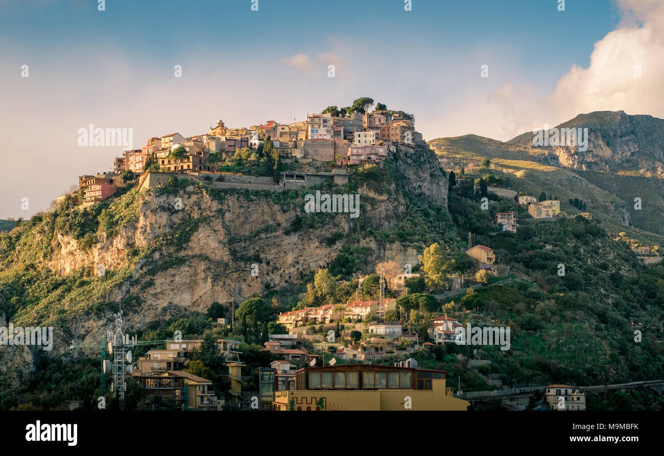 Castelmola: typical sicilian village perched on a mountain, close to Taormina. Messina province, Sicily, Italy. Stock Photo