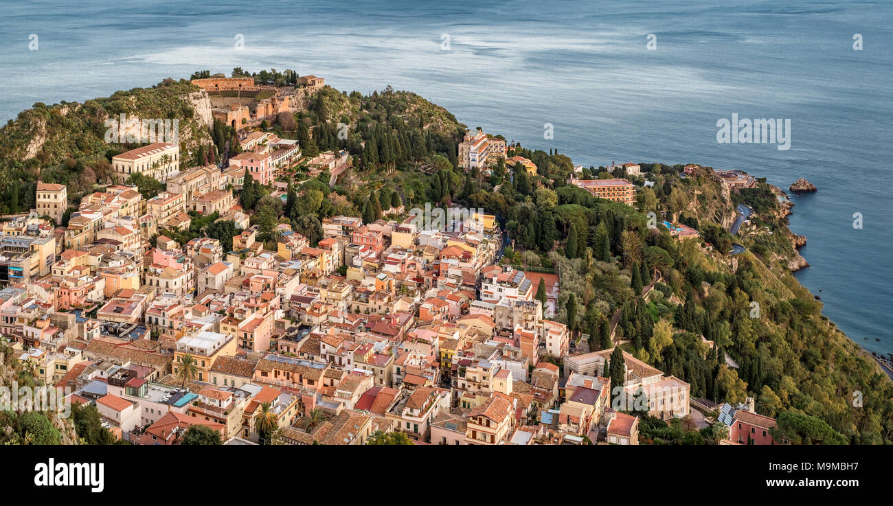 The village of Taormina viewed from Castelmola. Messina Province, Sicily, Italy. Stock Photo