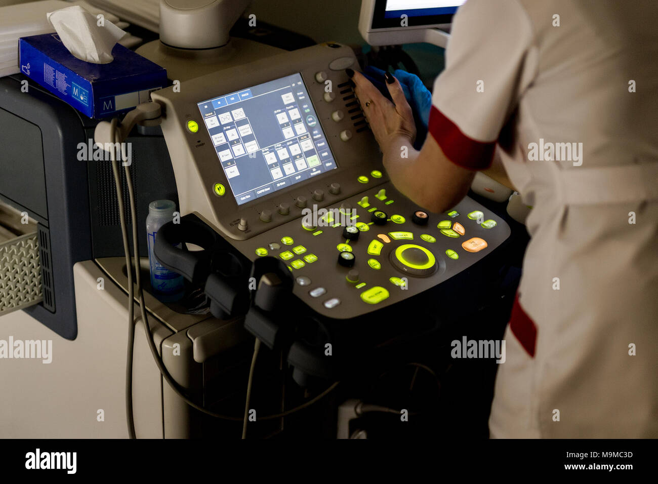 Closeup of ultrasound machine in clinic. Modern hospital with high