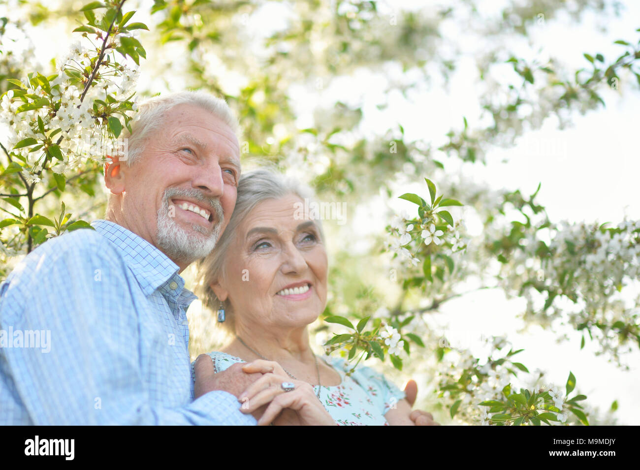 Happy couple hugging in spring blooming garden Stock Photo - Alamy