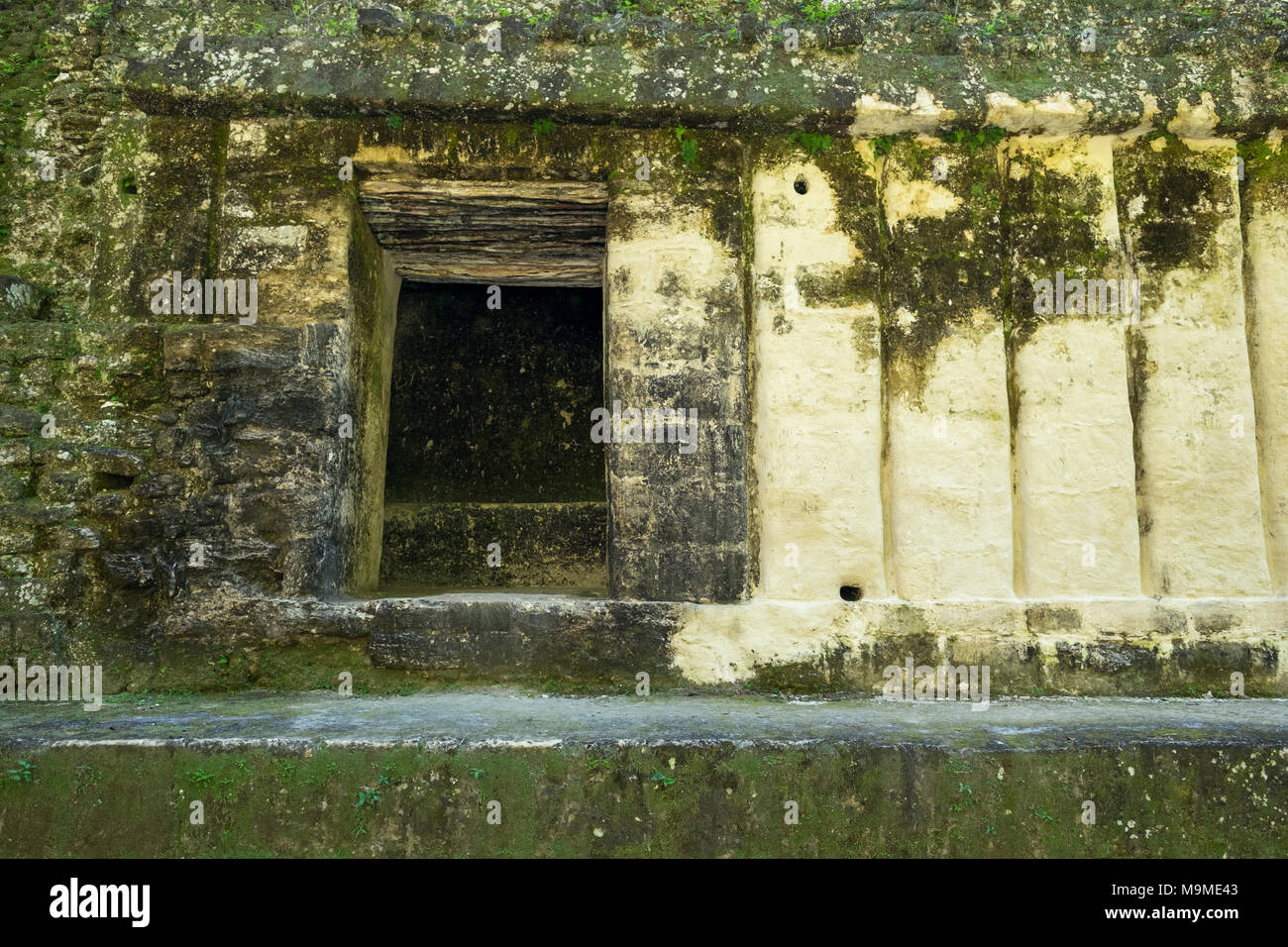 Detail of the ancient Mayan ruins of the Acanaladuras Palace at Tikal, Guatemala Stock Photo