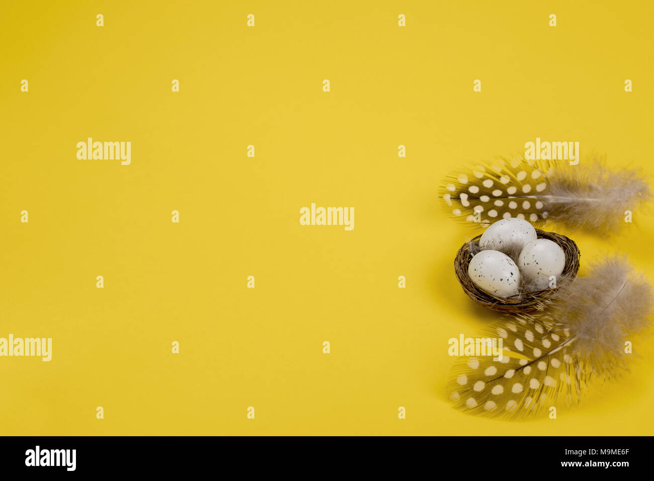 Easter decoration nest with eggs and feathers yellow background Stock ...