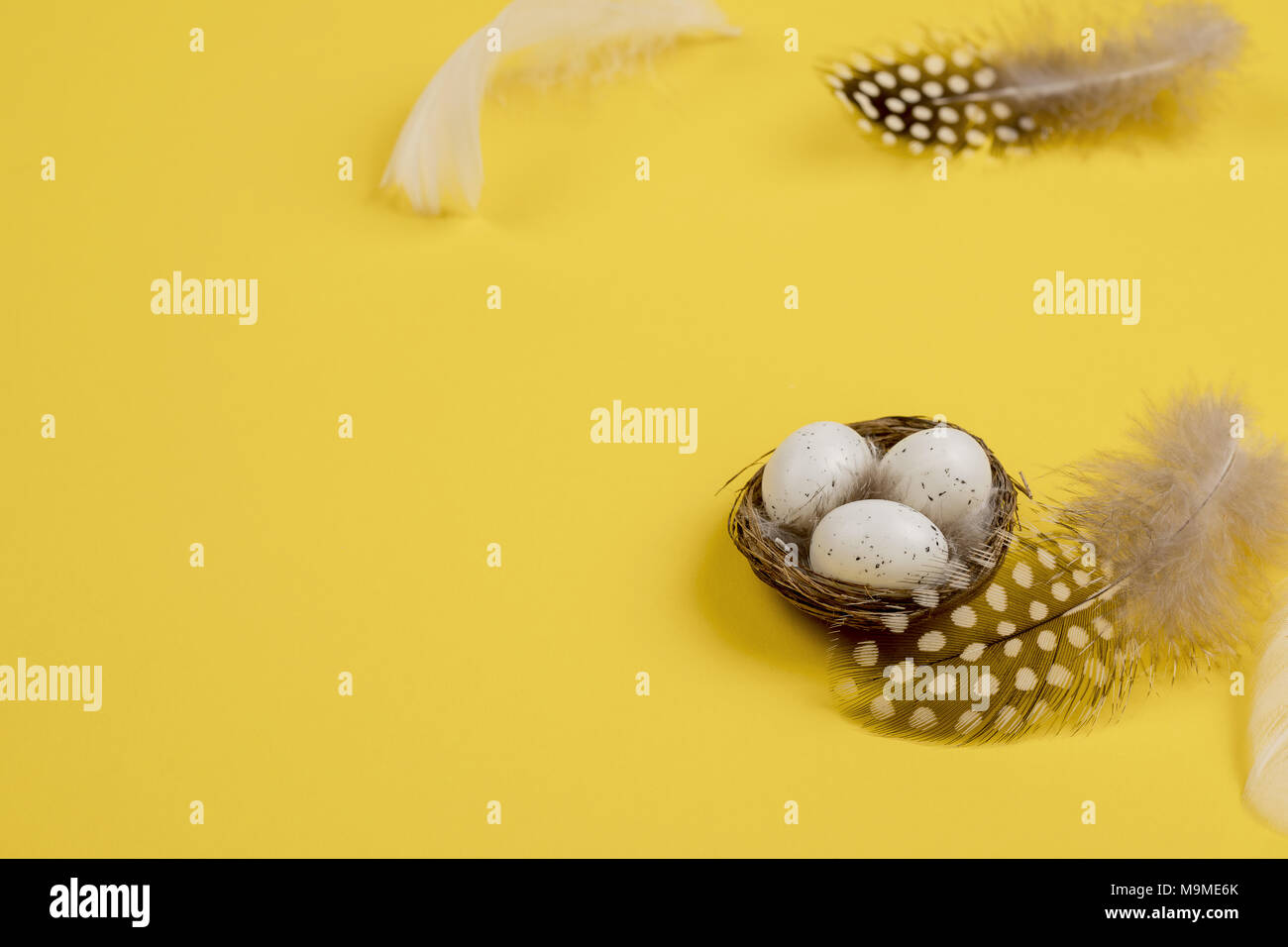 Easter decoration nest with eggs and feathers yellow background Stock ...