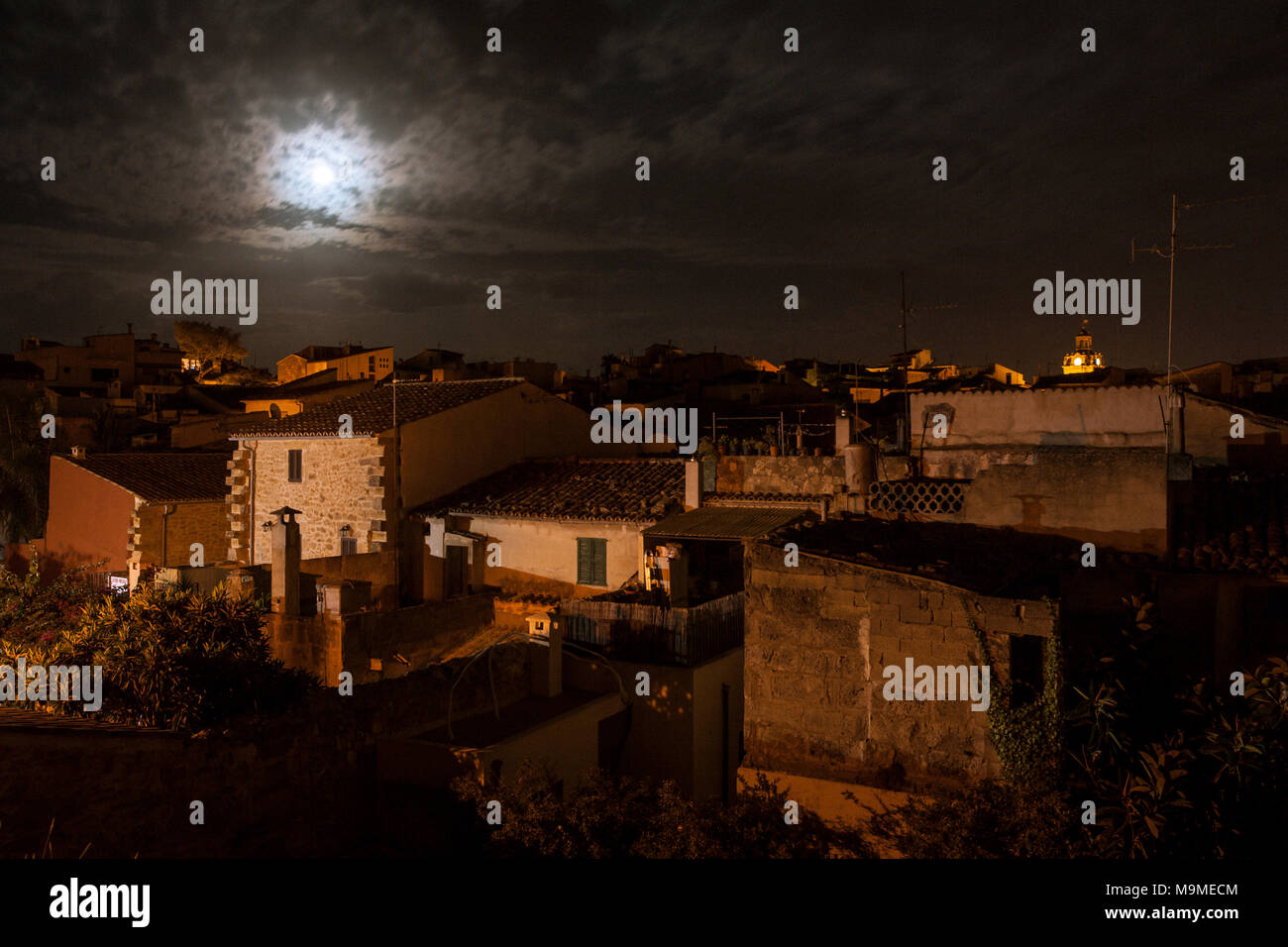 Old Alcudia at night under a full moon, Mallorca, Spain Stock Photo