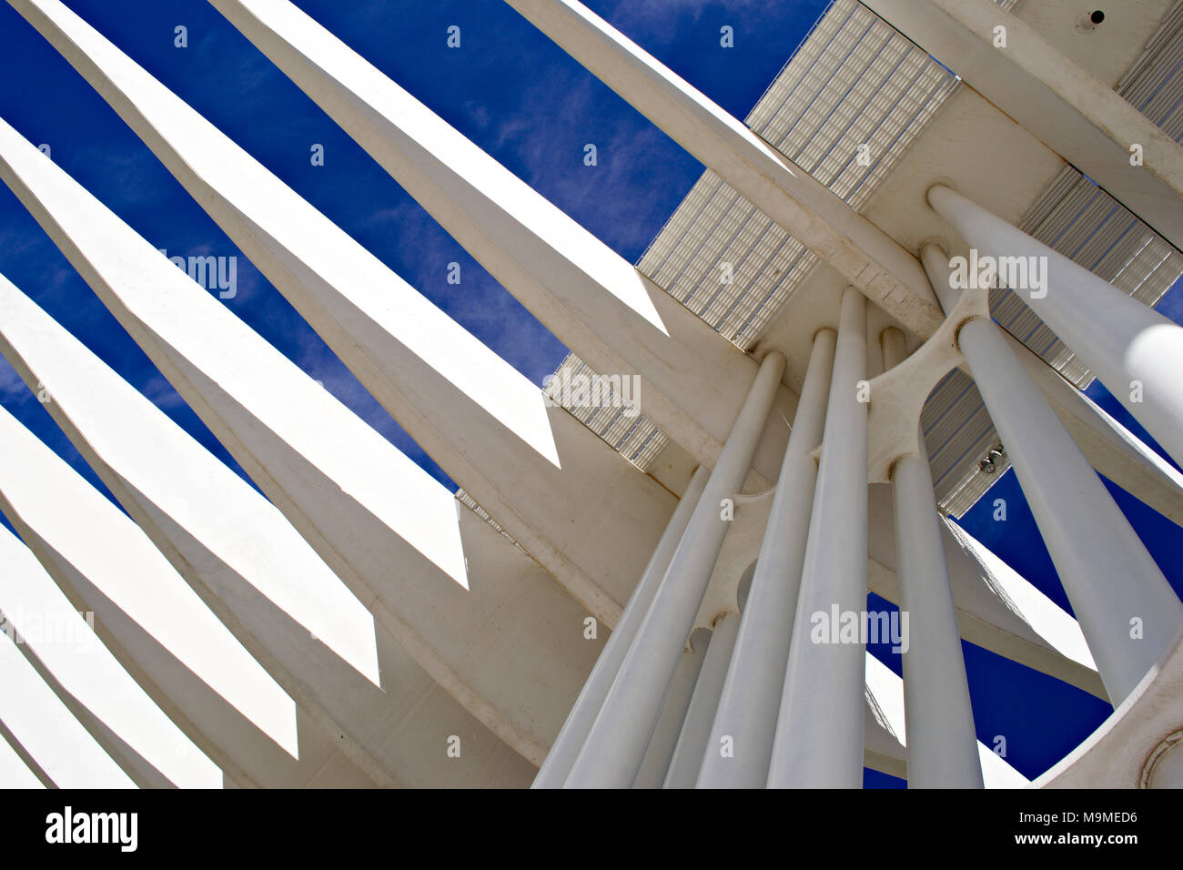 Slatted roof of a walkway at Malaga Port, Spain in sunlight Stock Photo