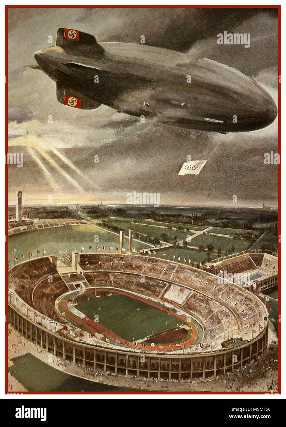 Hindenburg Zeppelin Airship 1936 Olympic Games Nazi Berlin Germany Vintage Poster illustration of Nazi Hindenburg Zeppelin Airship flying Olympic Flag along with Swastika Tail Fins over the Berlin Olympic Games Stadium during the opening ceremony of the Nazi Germany Olympic Games. Stock Photo