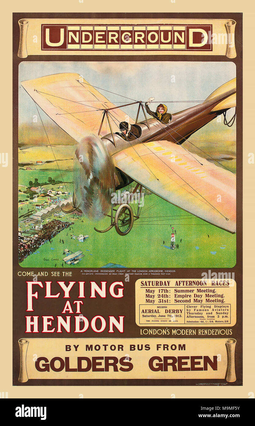 Vintage UK Travel 1900's Poster by CYRUS CUNEO 'Flying at Hendon' airplane races, Flying at Hendon Poster for London Underground and Motor Bus Transport 1914 Stock Photo