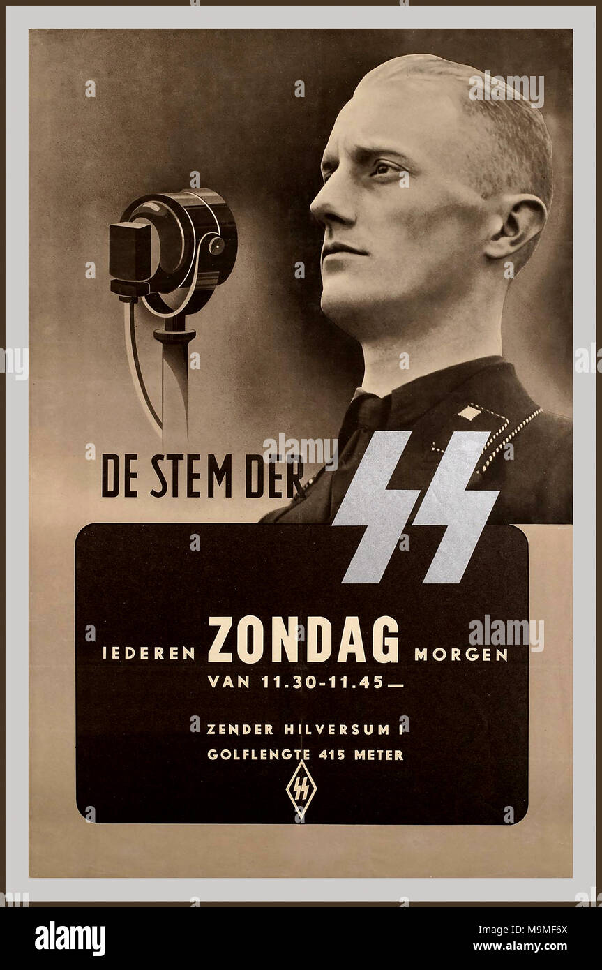 1940 Vintage WW2 WAFFEN SS PROPAGANDA POSTER 'The voice of the SS.' Radio programme every Sunday morning from 11.30-11.45 Stock Photo