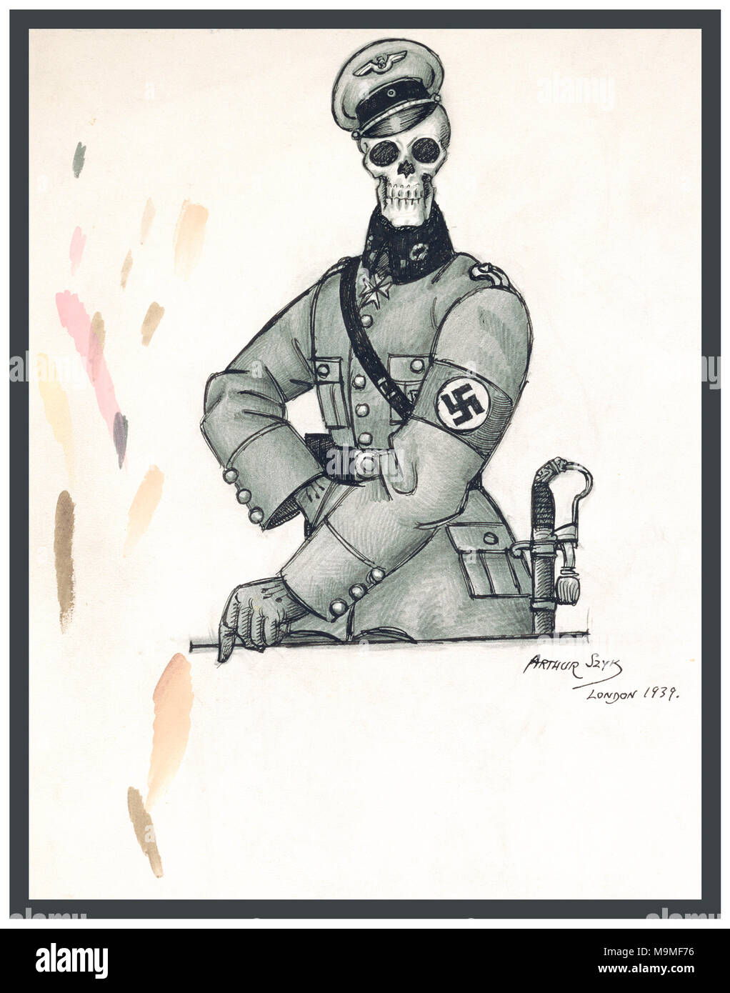 WW2 Graphic Cartoon poster of Death as a SS Nazi soldier The arrogant grimace of Fascist authority suited to the icon of Death. Poland, the first to be cut down by the power of the Grim Reaper. Hundreds of thousands of Poles, both Gentile and Jewish perished during Hitler’s Reign of Terror. Stock Photo