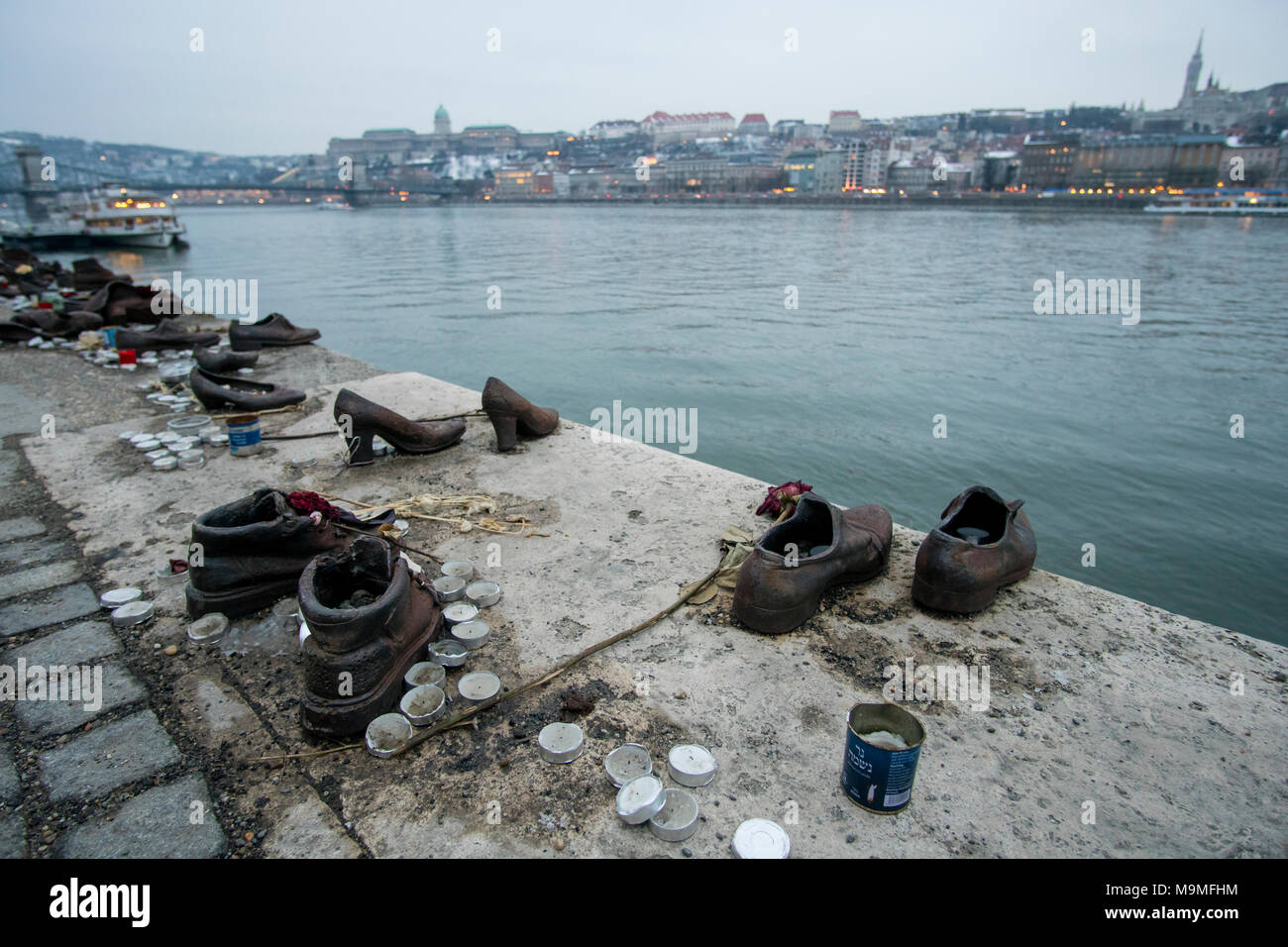 Budapest, Hungary - March 05, 2018: Metal shoes sculptures Shoes on the Danube bank, memorial for Hungarian Jews killed in the second world war Stock Photo