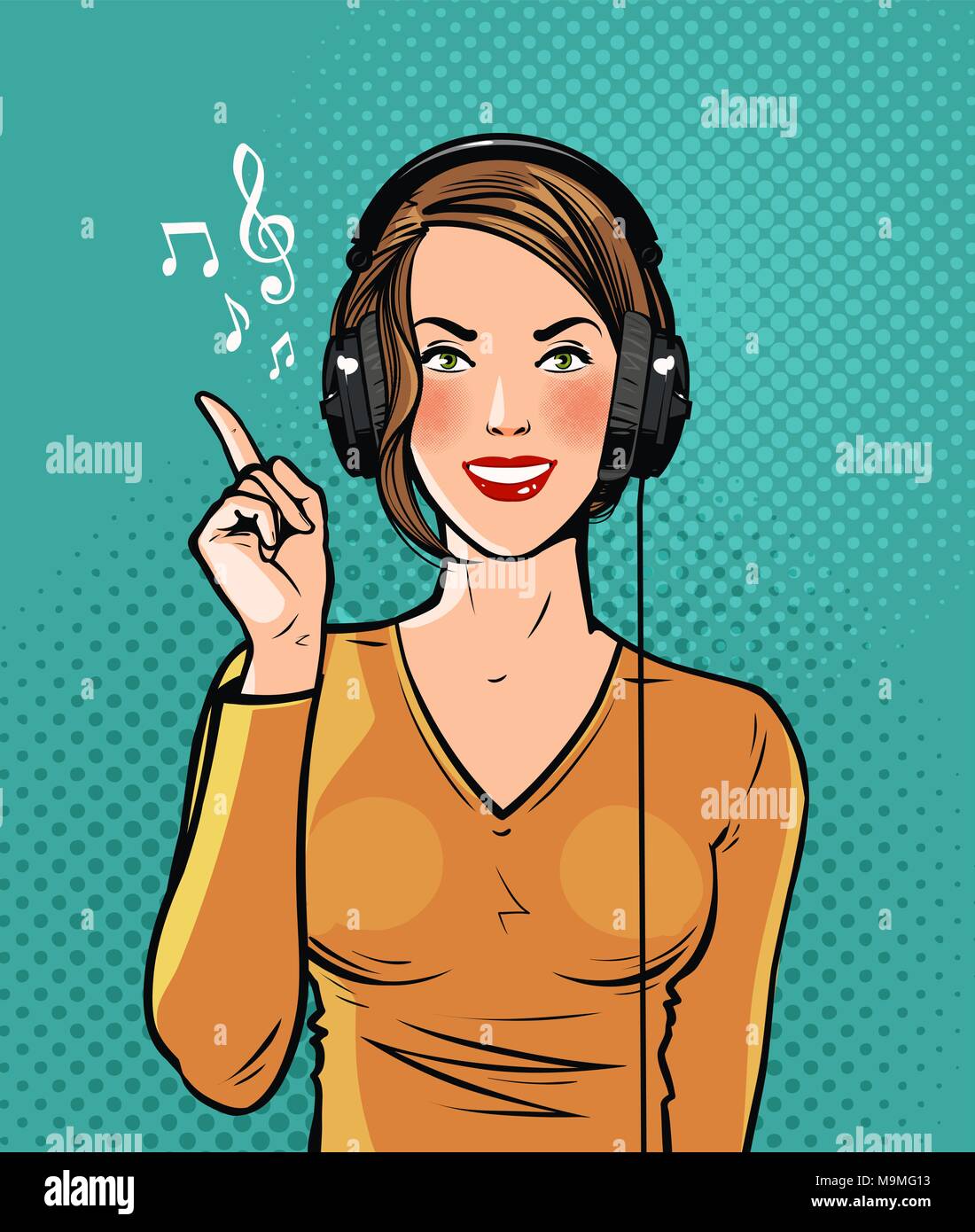 Beautiful girl in headphones listening to music. Pop art retro comic style. Cartoon vector illustration Stock Vector