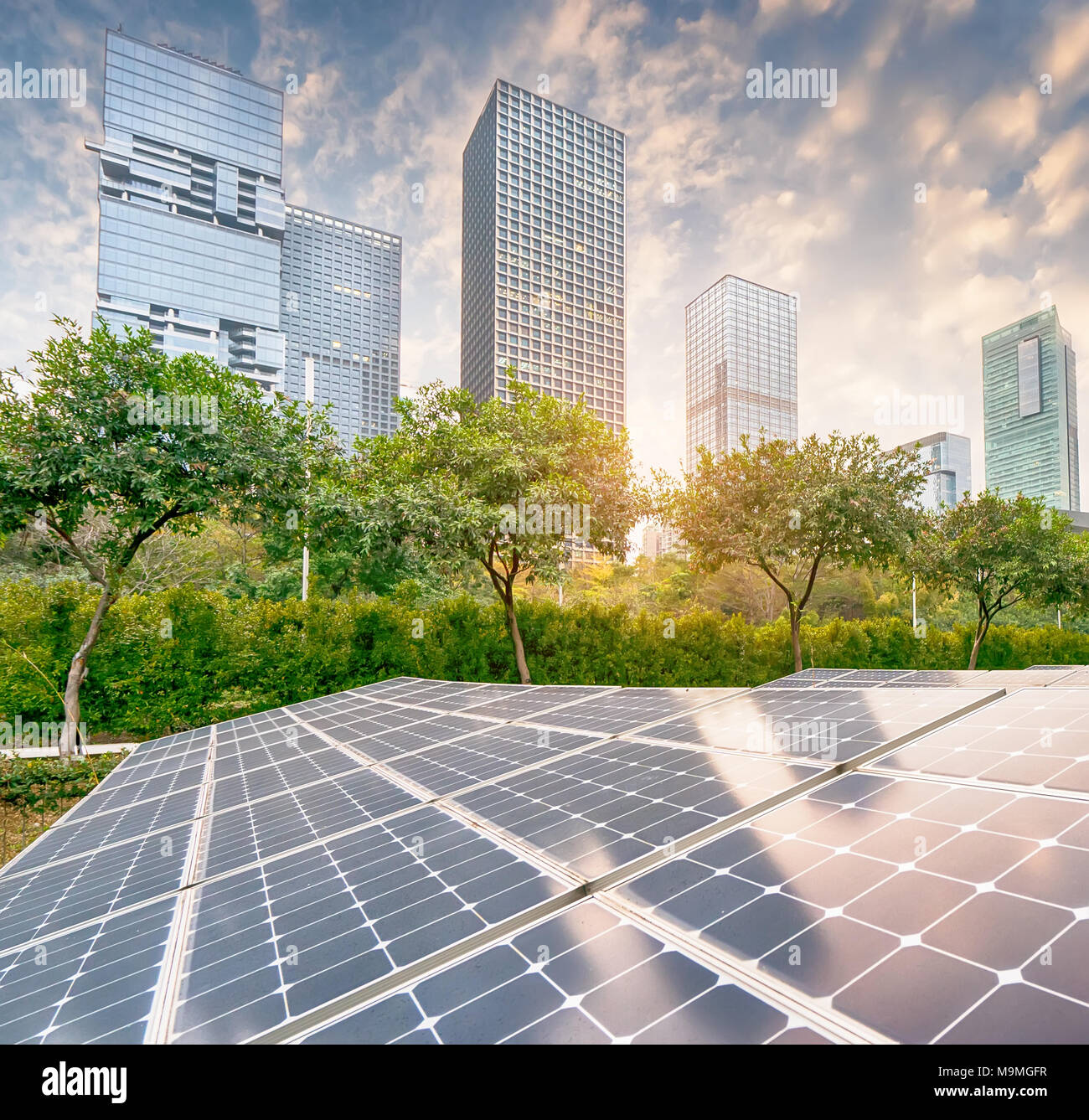 solar panel plant with urban landscape landmarks,Ecological energy ...