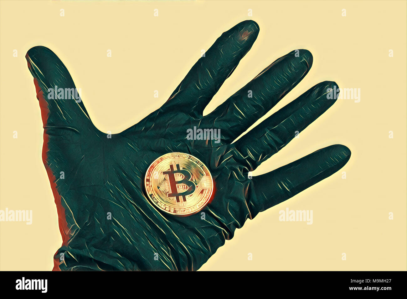 Male open hand in black glove holds bitcoin digital illustration. Crime and  cryptocurrency concept Stock Photo - Alamy