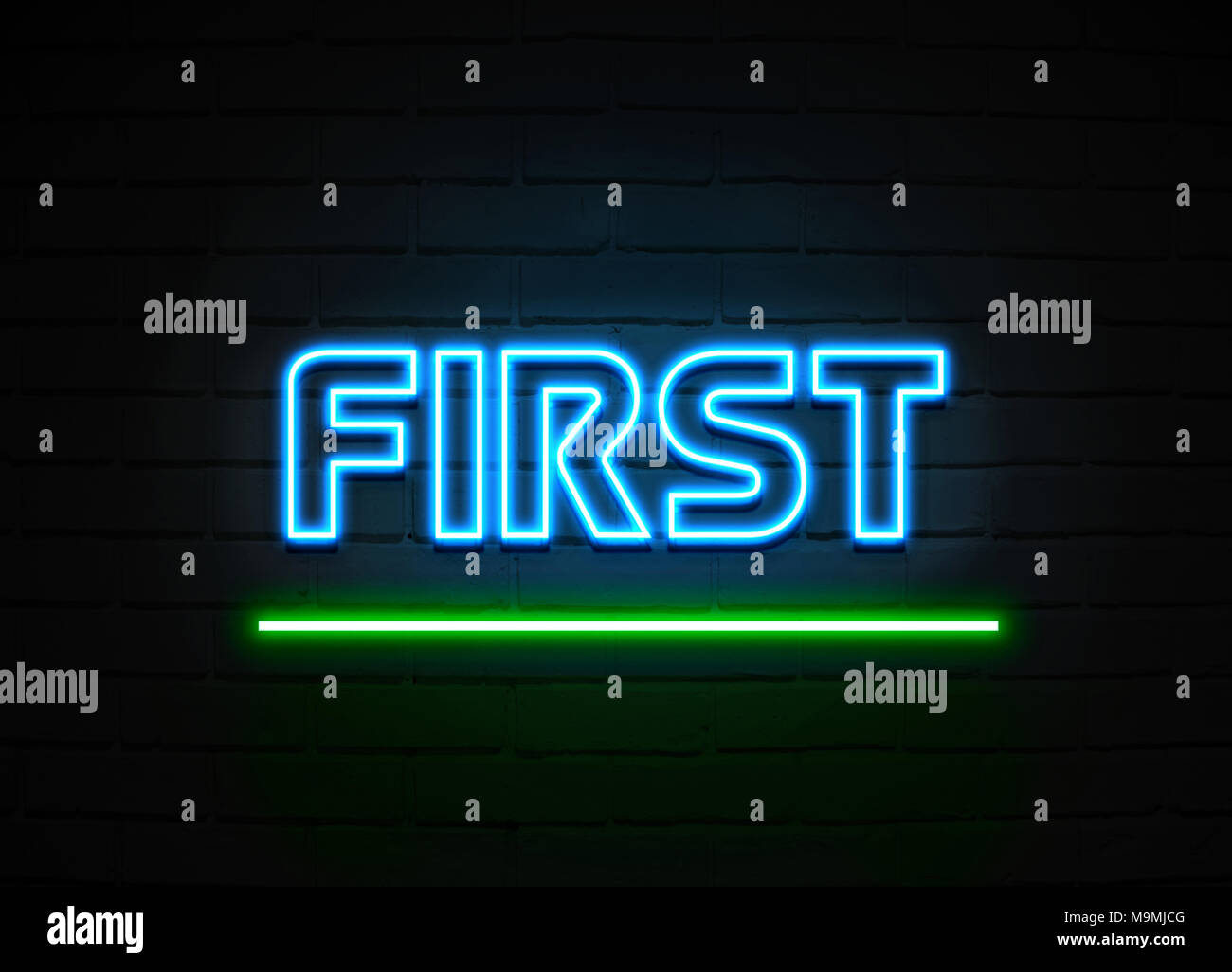 First neon sign Glowing Neon Sign on brickwall wall 3D rendered