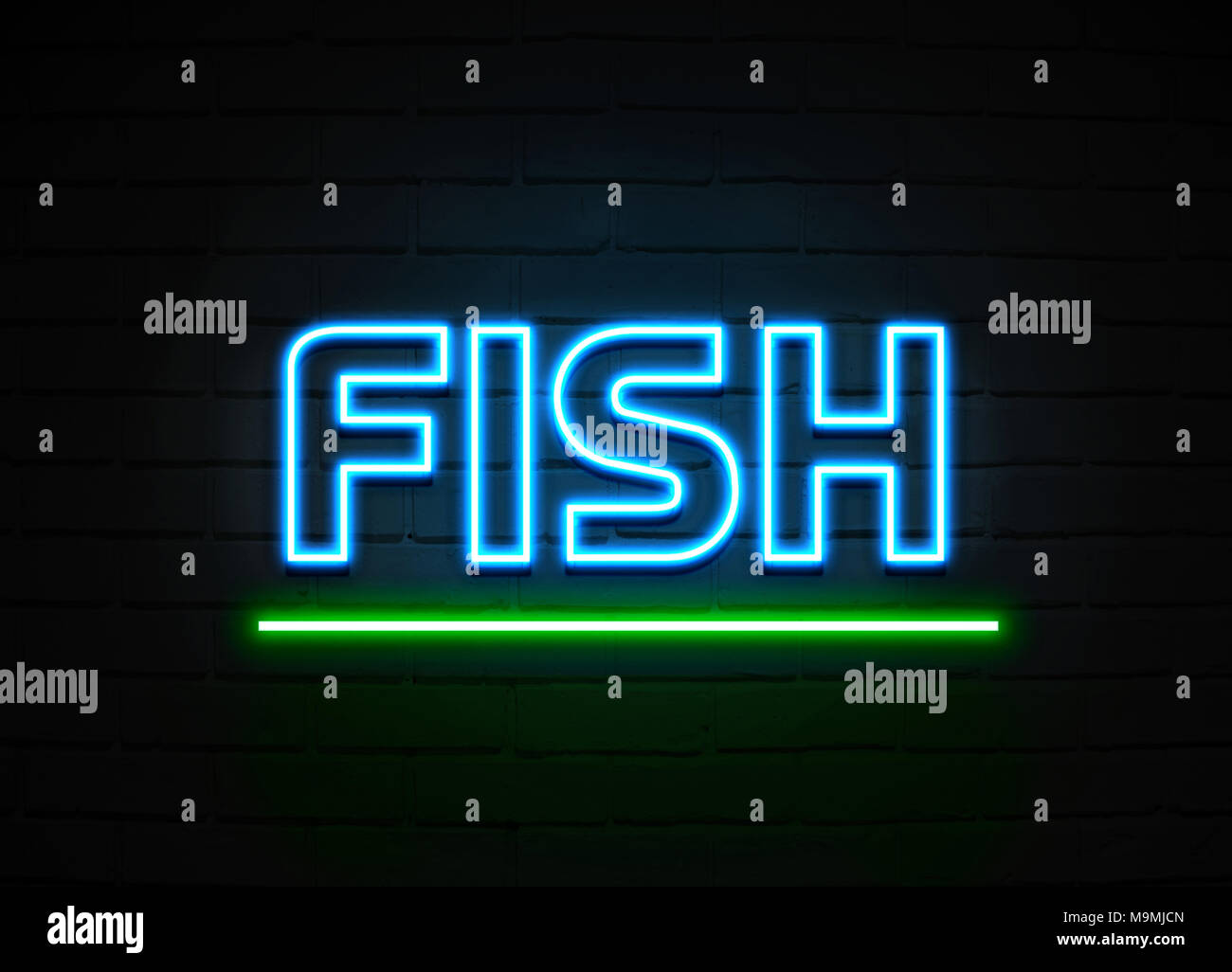 Fish neon sign - Glowing Neon Sign on brickwall wall - 3D rendered