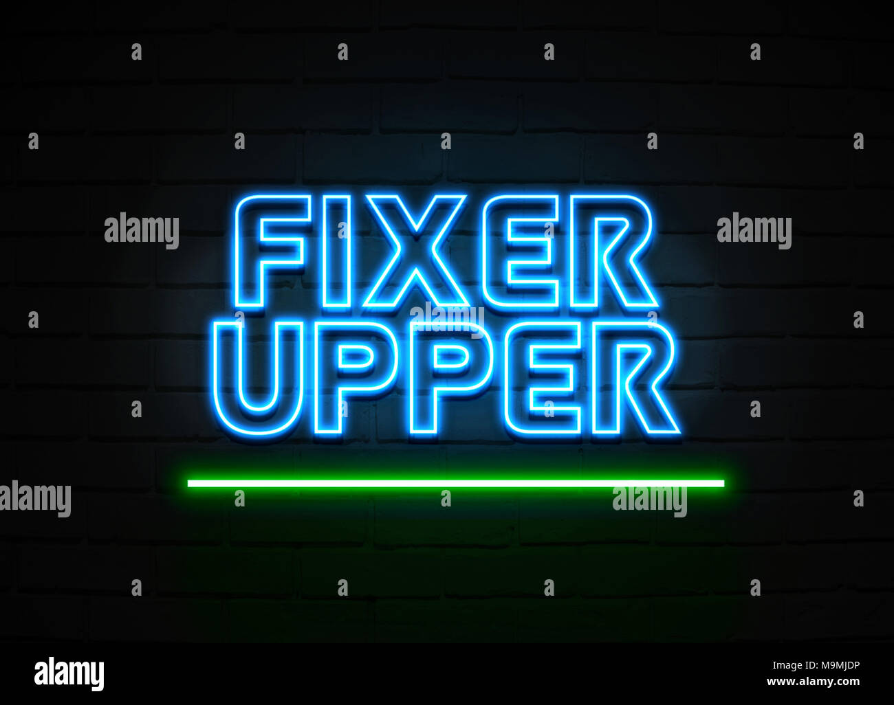 Fixer Upper neon sign - Glowing Neon Sign on brickwall wall - 3D rendered royalty free stock illustration. Stock Photo