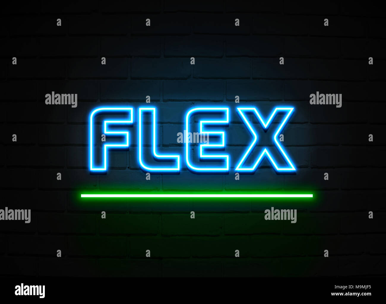 Flex neon sign - Glowing Neon Sign on brickwall wall - 3D rendered royalty free stock illustration. Stock Photo