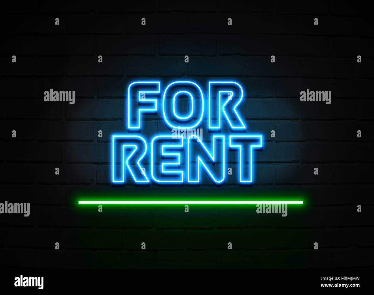 For Rent neon sign Glowing Neon Sign on brickwall wall 3D rendered